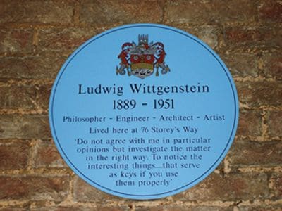 The plaque at Storey's End, 76 Storey's Way, Cambridge, where Wittgenstein died